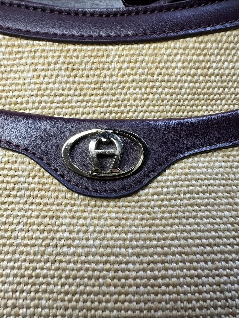 VTG Etienne Aigner Light Tan Woven Fabric & Brown Leather Shoulder Bag Purse